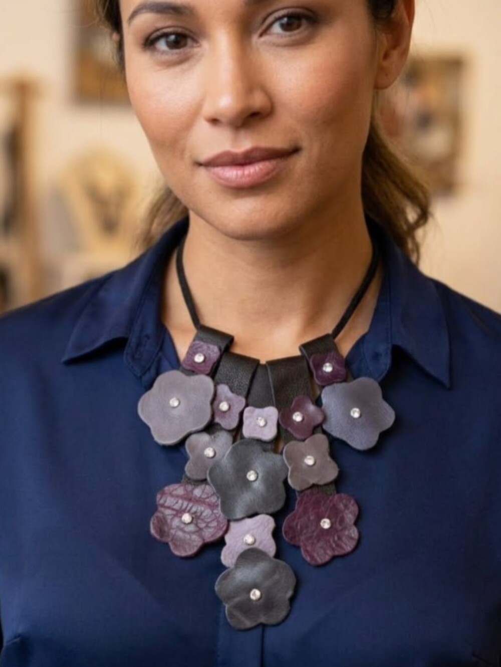 Handmade Genuine Leather 2D Statement Flower Necklace Tan Maroon 041